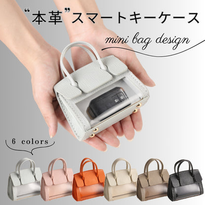 スマートキーケース2個収納 ミニバッグ風 スマートキーケース 本革 レディース かわいい クリア 窓付き くすみカラー カードケース Suica対応 通勤用 かわいい お洒落 父の日 ギフト